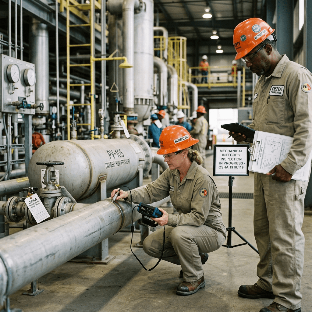 Two workers in protective gear inspecting a pipeline during mechanical integrity check